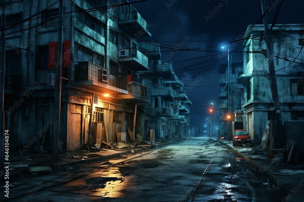 Nighttime street in poor area, rundown houses, old buildings with lit windows, dilapidated road with crosswalk, lights, and traffic signal. Generative AI Nighttime street in poor area, rundown houses, old buildings with lit windows, dilapidated road with crosswalk, lights, and traffic signal. Generative AI