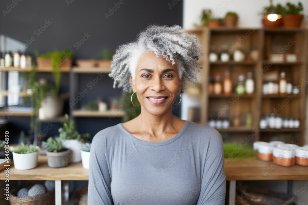 Portrait of a smiling senior black woman, healthy food store owner Portrait of a smiling senior black woman, healthy food store owner