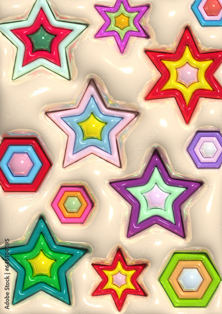 Beige background with colorful stars, inflated shapes. 3d rendering illustration Beige background with colorful stars, inflated shapes. 3d rendering illustration
