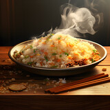 Mix Hot Chinese Fried Rice plate in restaurant background, smock, Asian