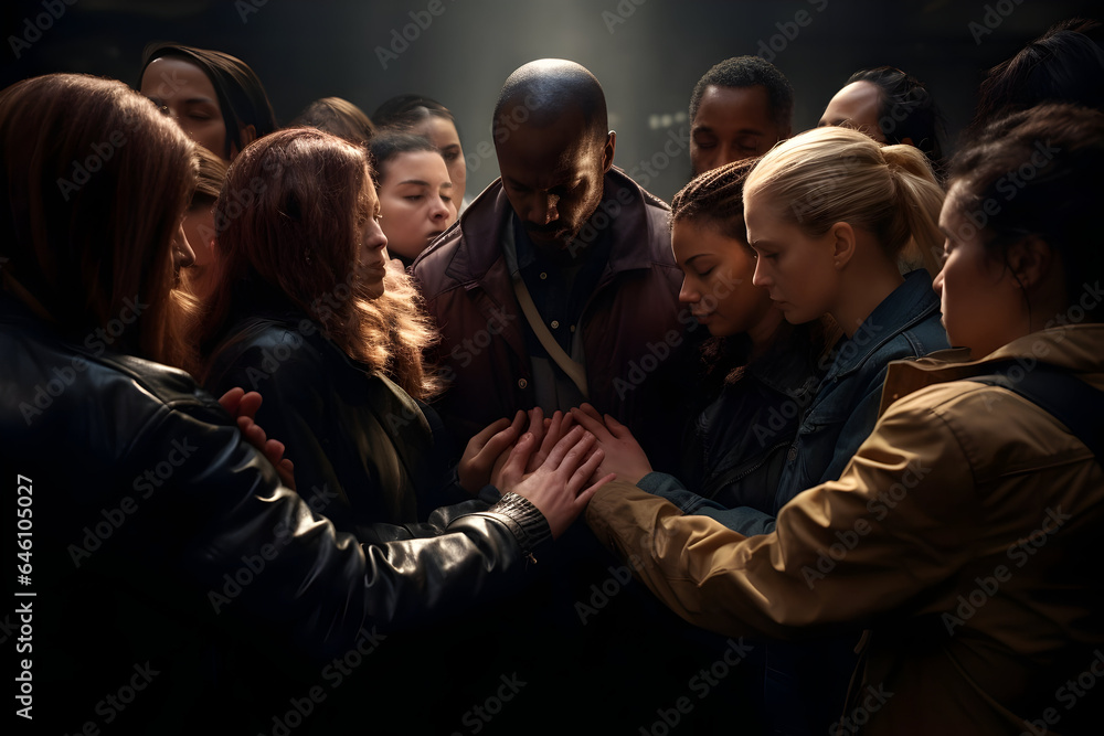 Fototapeta premium A Group of People Gathered in a Circle, Hands Clasped in Silent Solidarity, Creating a Deafening Silence of Powerful Togetherness International Day of the Deaf