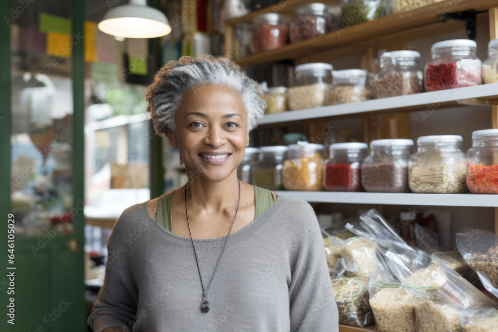  Portrait of a smiling senior black woman, healthy food store owner