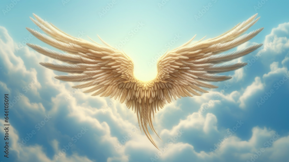 Obraz premium Heavenly Grace: Delicate Angel Wings Spreading Across a Celestial Backdrop, AI Generated 8K