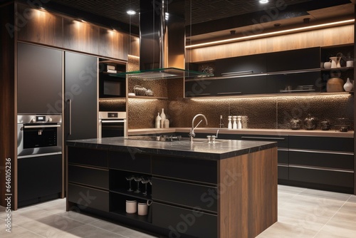 Elegant kitchen with luxurious modern design, black and brown tones, wood trim, and LED lighting. Generative AI