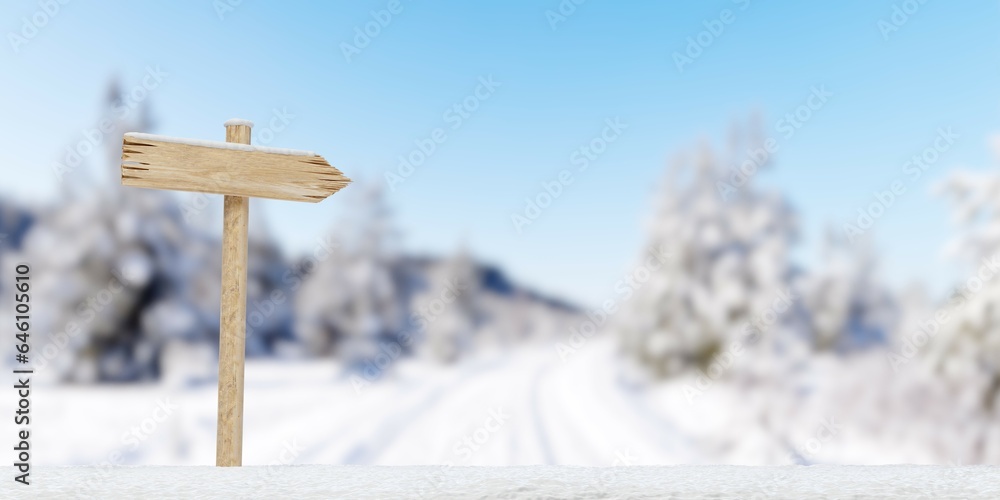 Naklejka premium Empty, blank wooden arrow direction sign with snow cover, wooden board sign template for christmas or winter concept on winter landscape background