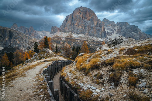 World war ruins near Cinque Torri rock formations, Dolomites, Italy