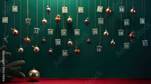 A DIY advent calendar neatly organized with numbers and small ornaments on a vibrant green surface.