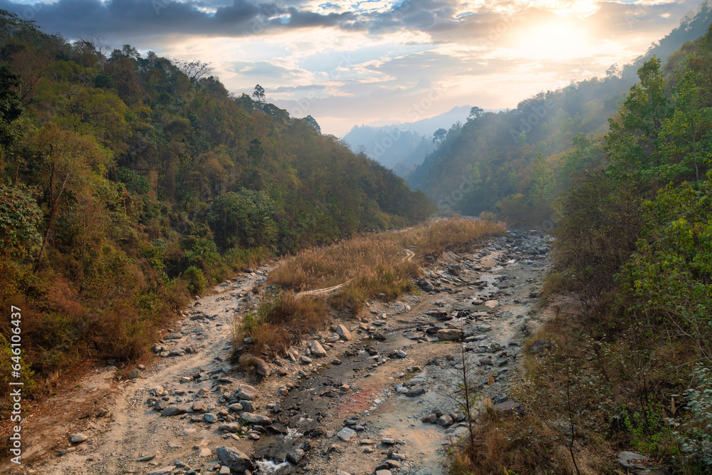 Sunset at Bidyang valley with mountain landscape at Kalimpong district of West Bengal, India