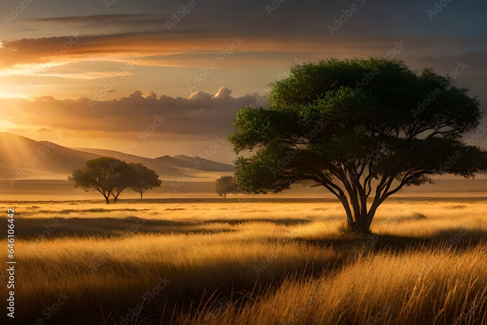 sunset in the serengeti - obrazy, fototapety, plakaty 
