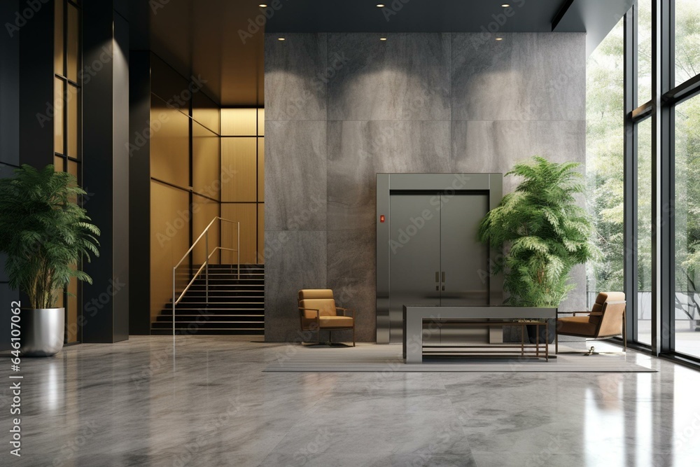 Modern office lobby with elevator, reception desk, decorative plant, concrete flooring. Hotel or workplace concept. Generative AI - obrazy, fototapety, plakaty 