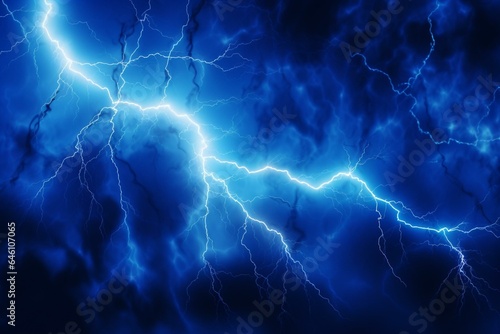 Abstract background with blue lightning and power energy charge. Night storm flash and thunderstorm isolated. Dynamic digital art illustration. Generative AI © Joseph
