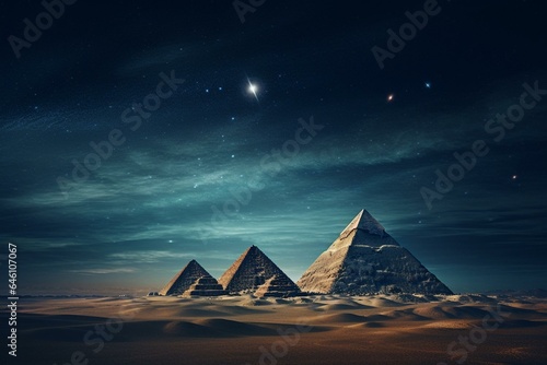 Nighttime view of historical pyramids against starry backdrop. Generative AI