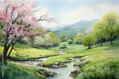 Watercolor painting depicting a lush meadow in spring. Generative AI
