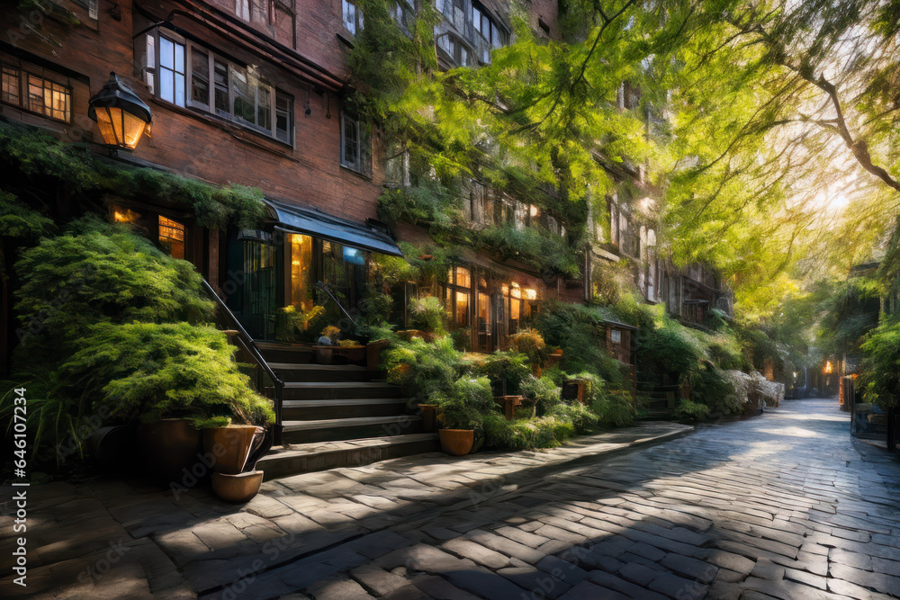 Fototapeta premium Digital photo of a beautiful apartment in cozy medieval alley with a lot of greenery growing on the facade, dreamy biophilic design