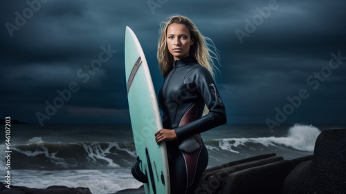 a women surfer ready with the surfboard in front of weaves 