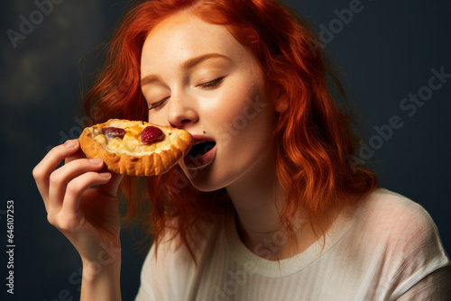 a women is taking a bite of the small pizza 