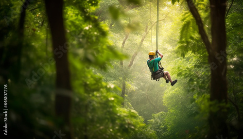 Mountain athlete swings mid air on zip line, experiencing pure joy generated by AI