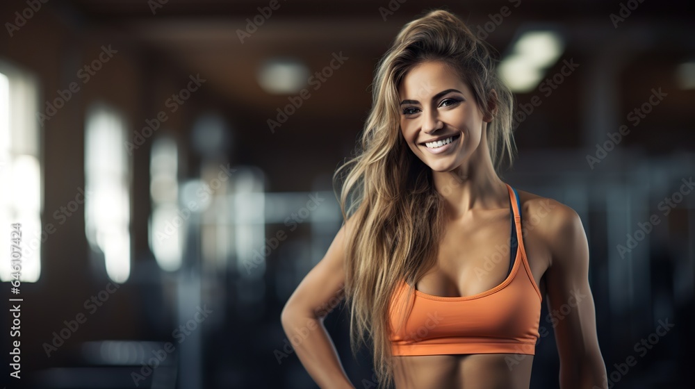 Positive pretty girl with an athletic figure. Healthy lifestyle and fitness concept. Copy space