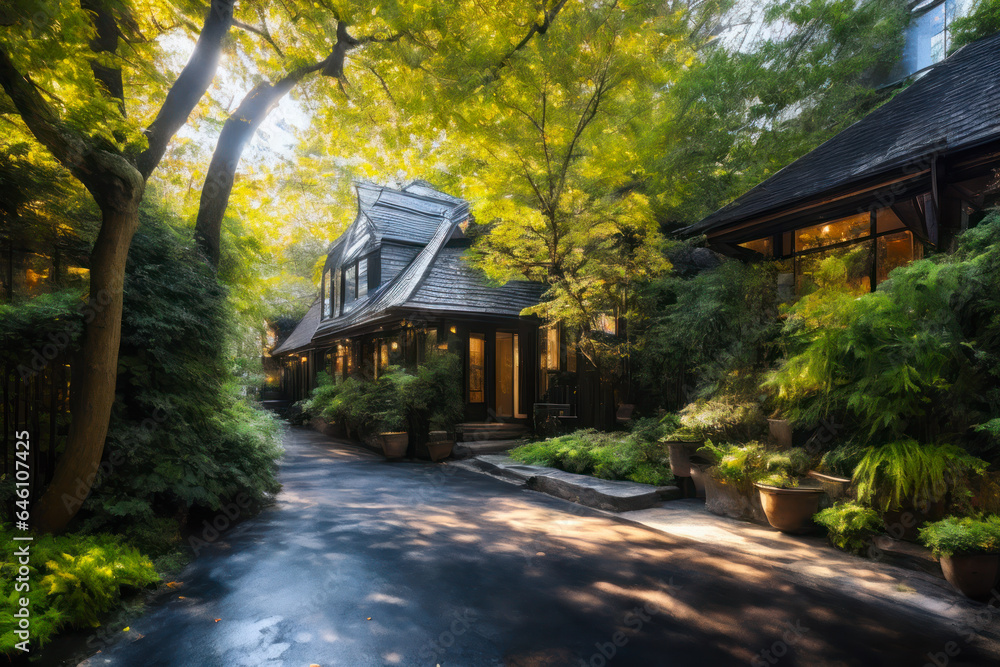 Digital photo of a beautiful apartment in cozy medieval alley with a lot of greenery growing on the facade, dreamy biophilic design Digital photo of a beautiful apartment in cozy medieval alley with a lot of greenery growing on the facade, dreamy biophilic design