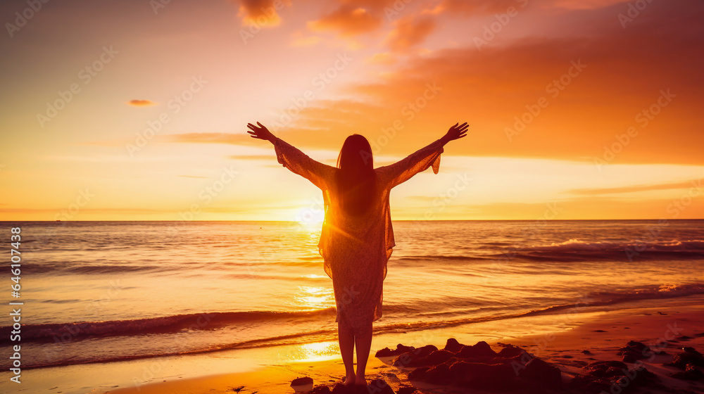A happy woman with arms up enjoy freedom at the beach at sunset