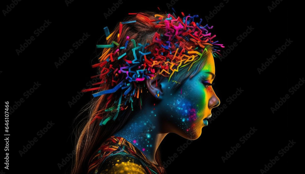 Vibrant young woman glows in ultraviolet light, abstract fashion portrait generated by AI