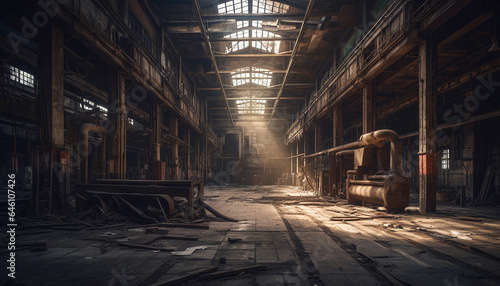 Spooky old abandoned factory, rusty metal, ruined architecture, broken equipment generated by AI