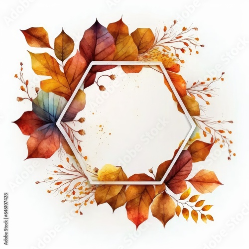 Hexagon frame with autumn leaves watercolor painted isolated on white background. Theme of vintage minimal art design in geometric. Finest generative AI.