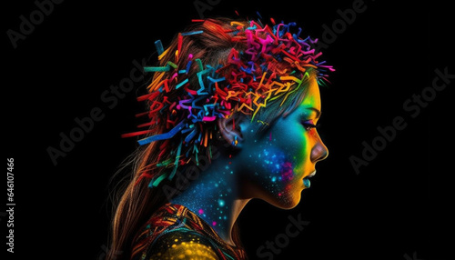 Vibrant young woman glows in ultraviolet light, abstract fashion portrait generated by AI