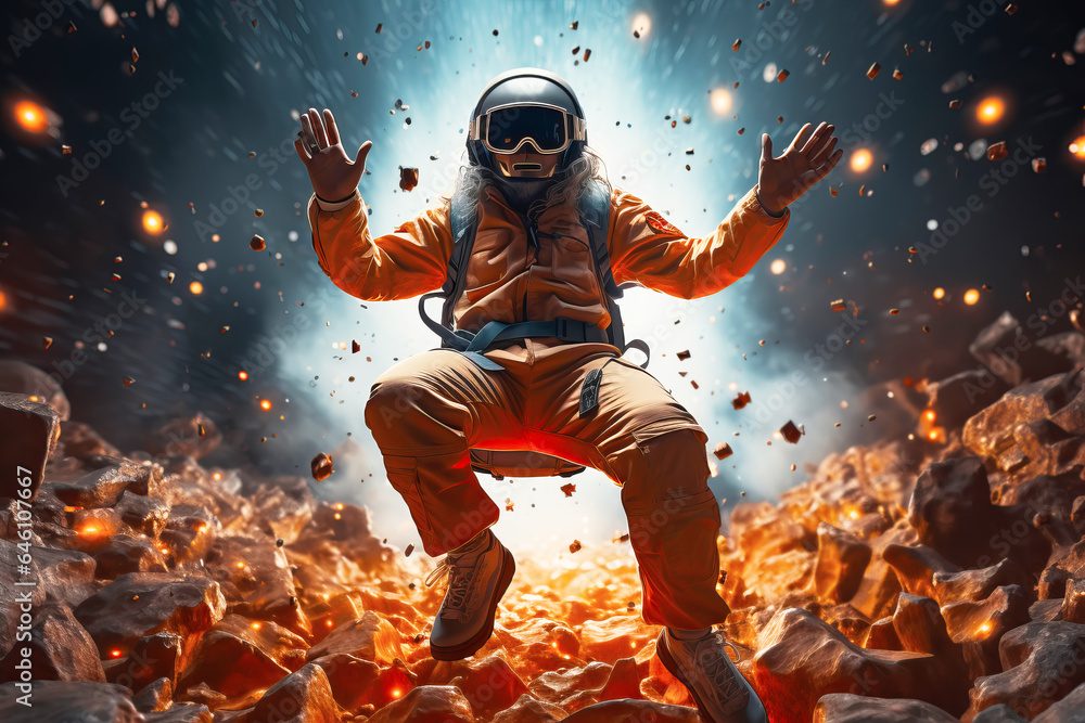 Fototapeta premium Man wearing virtual reality glasses and dancing in outer space among golden meteorites. Augmented reality.