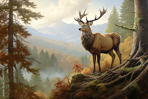 An elegant stag stands atop a hill while lush woods provide a scenic backdrop. Generative AI © Elvira