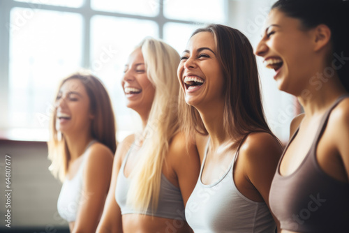 Group of young women smiling during yoga or pilates exercise in yoga hall