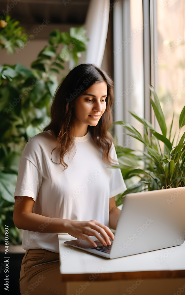 Young woman using laptop at home, remote work concept Young woman using laptop at home, remote work concept