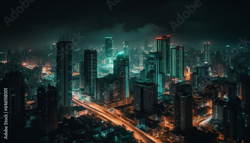 Modern city skyline illuminated by colorful street lights at dusk generated by AI