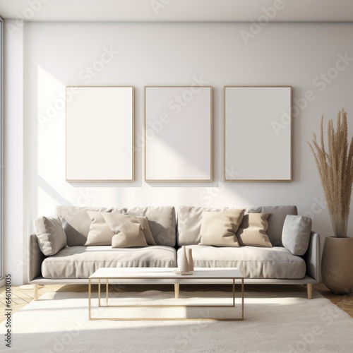 Luxury Scandinavian minimalism livingroom in cream white details, boho style, with 3 three empty poster frames on a wall © Anastasiia
