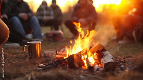 A group of people are resting near a fire on a rocky mountain slope. Selective focus.