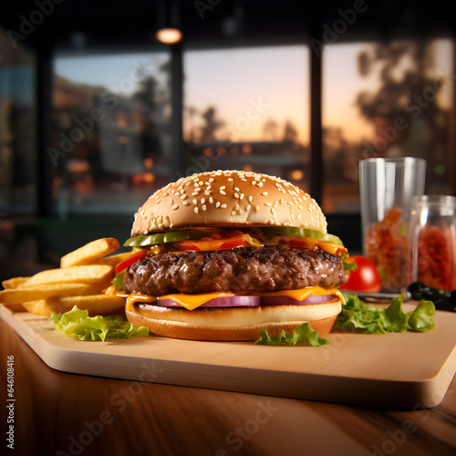 hamburger with French fries in the restaurant background