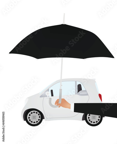 Hand hold umbrella in front of car. vector illustration