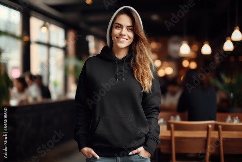 Beautiful woman wearing black sweater and jeans, at cafe. Design sweater template, print presentation mockup