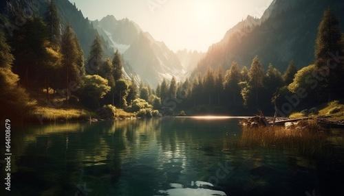 Majestic mountain range reflects tranquil sunset in idyllic wilderness area generated by AI