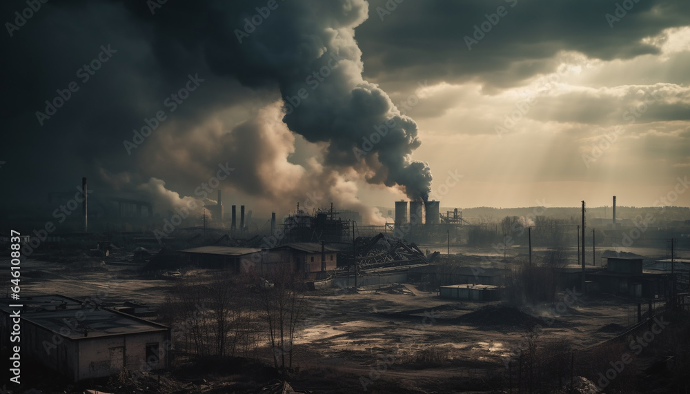 Smokestacks belching fumes pollute nature air, a dangerous industry generated by AI