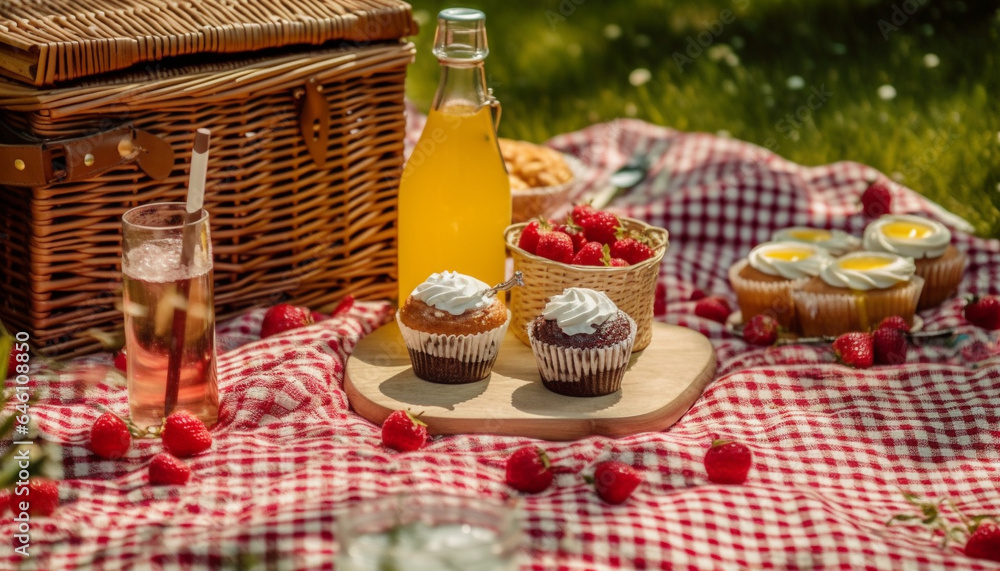 Fourth of July picnic with gourmet homemade sweet berry desserts generated by AI