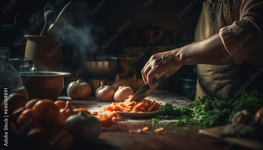 Healthy vegetarian meal preparation in rustic domestic kitchen with fresh ingredients generated by AI - obrazy, fototapety, plakaty 