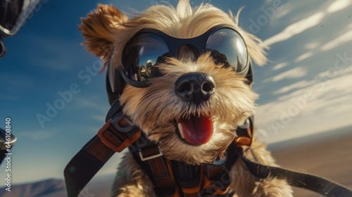 a cute little dog goes skydiving. Skydiving  dog in equipment flying through the sky. Free flight. Adrenaline emotions