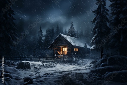 An image of a snowy hut in a forest at night with snowfall, surrounded by fir trees. Generative AI