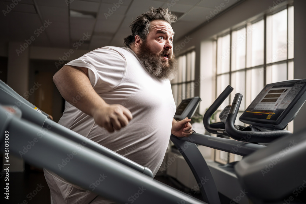 a fat man running fast on a treadmill in the gym a fat man running fast on a treadmill in the gym