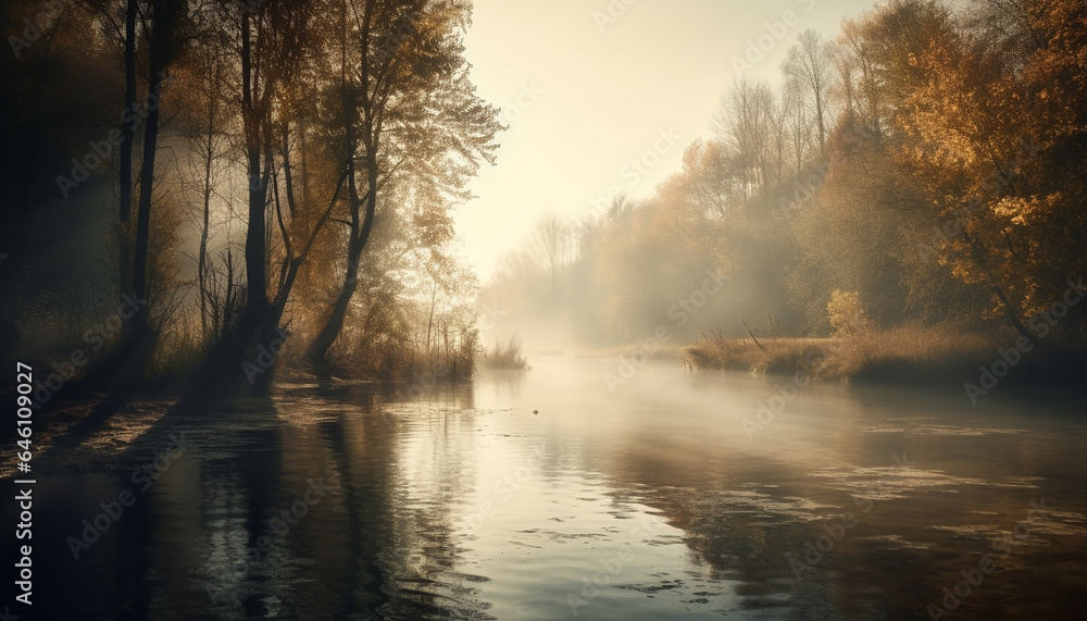 Autumn tree reflects tranquil scene in foggy forest landscape generated by AI