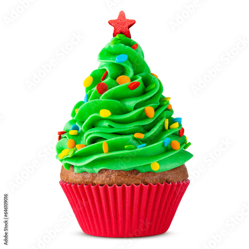Cupcake. Christmas Tree cupcake with star on top. Red cup liners. Merry Christmas. Tasty baking cupcakes, cake or muffin with green cream icing, frosting and colored sprinkles. Bakery, confectionery. 