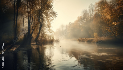 Autumn tree reflects tranquil scene in foggy forest landscape generated by AI