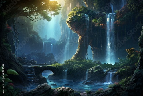 A magical scene featuring a fantasy landscape, featuring a cascading waterfall, enchanting forests, and mystical elven woods. Generative AI