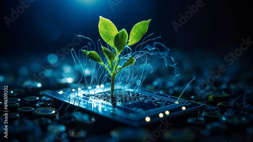 artificial intelligence concept. Sprouts grow from the digital board